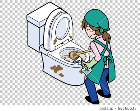 ブラシで汚れたトイレを清掃する業者の若い女性 68566635
