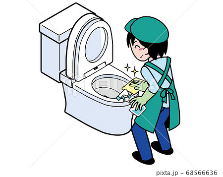 ブラシでトイレをピカピカに清掃する業者の若い男性 68566636