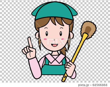 A young female staff member of the housekeeping business, holding a toilet cleaning brush and pointing her finger 68566868