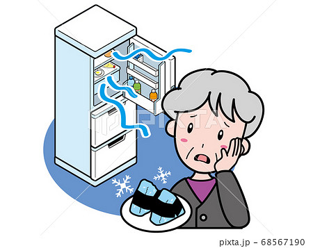 冷蔵庫が冷えすぎておにぎりが凍って困っているおばあさんのイラスト素材