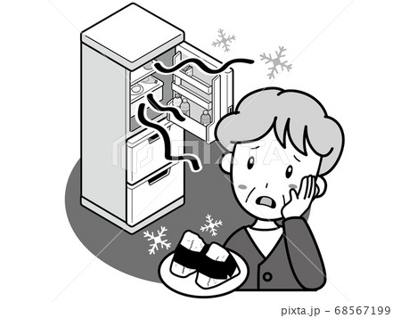 冷蔵庫が冷えすぎておにぎりが凍って困っているおばあさんのイラスト素材