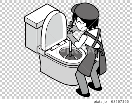 ラバーカップを使ってトイレの詰まりを修理する業者の若い男性 68567366