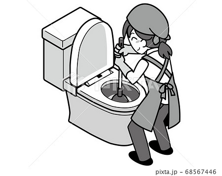 ラバーカップを使ってトイレの詰まりを修理する業者の若い女性のイラスト素材