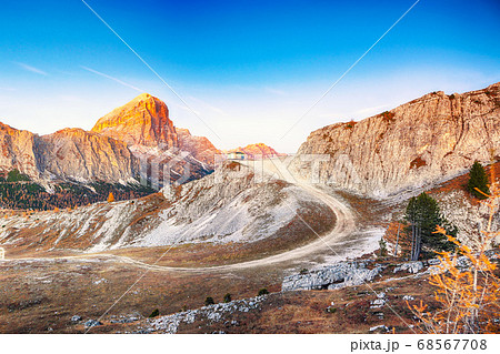 Picturesque autumn landscape with yellow larches 68567708