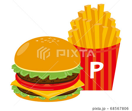 チーズとビーフのハンバーガーとフライドポテトのベクターイラスト　 68567806