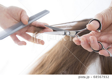 ヘアカットする美容師の手元の写真素材 ヘアカットする美容師の手元の写真素材