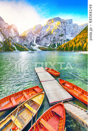 Marvelous scenery of famous alpine lake Braies at Marvelous scenery of famous alpine lake Braies at 68568149