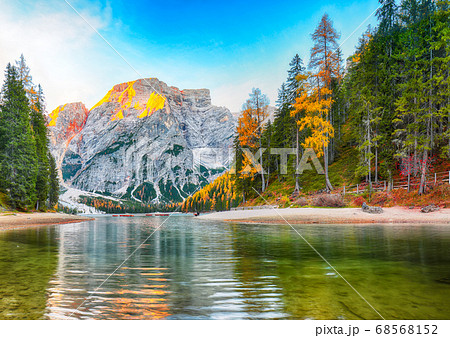 Amazing scenery of famous alpine lake Braies at 68568152