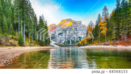 Amazing scenery of famous alpine lake Braies at 68568153