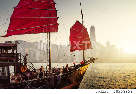 Hong Kong harbour in sunset time Hong Kong harbour in sunset time 68568358