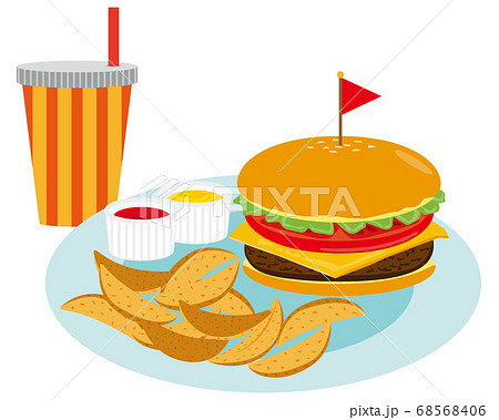 チーズとビーフのハンバーガーとフライドポテトとジュースのセットのベクターイラスト のイラスト素材