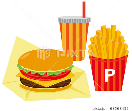 チーズとビーフのハンバーガーとフライドポテトとジュースのセットのベクターイラスト のイラスト素材