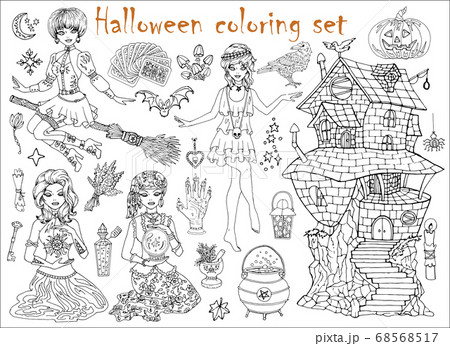 Halloween coloring set with beautiful witch - Stock Illustration  [68568538] - PIXTA