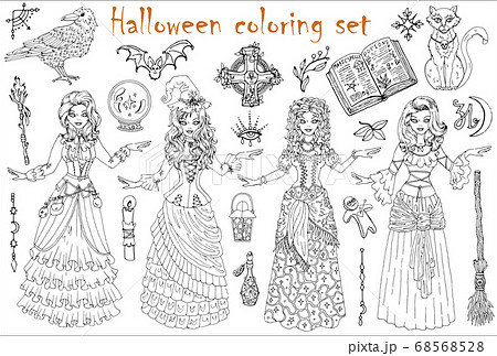 Halloween Coloring Set With Beautiful Witch Girls In Costumes Mystic  Animals And Scary Objects Stock Illustration - Download Image Now - iStock