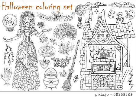 Halloween coloring set with beautiful witch - Stock