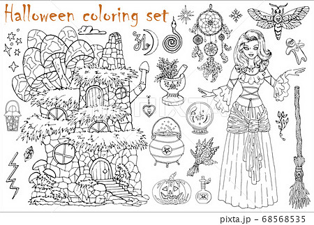 Halloween coloring set with beautiful witch - Stock Illustration  [68568538] - PIXTA