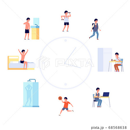 Daily life schedule. Cartoon kid routine, boy activities. Flat cute child sleeping eating by the clock, baby lifestyle vector illustration 68568638