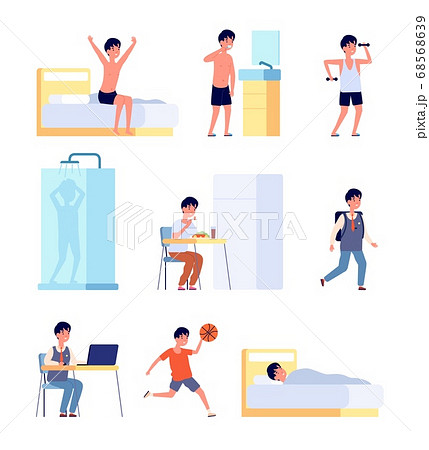 Boy daily activities. Kid hygiene, smiling active baby morning time. Little child studying eating wake up, life routine vector illustration 68568639