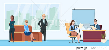 Job interview queue. People in room wait line, cartoon nervous woman man characters. HR or recruitment office, employees seeking 68568692