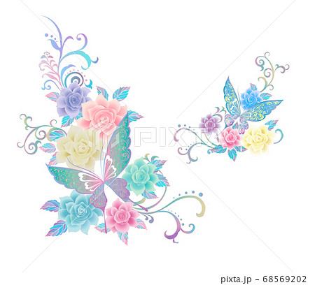 カラフルな蝶と薔薇の装飾のイラスト素材