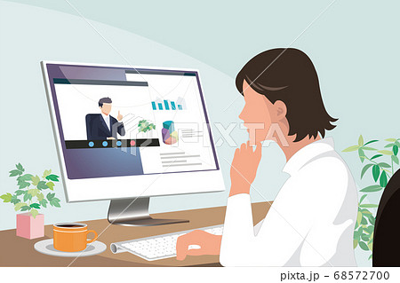 young asian business woman working from home watching presentation by colleague on computer screen 68572700