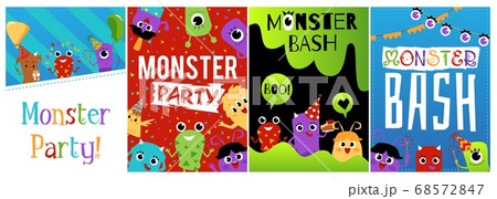 Monster Bash Party Cards Or Banners Set Flat のイラスト素材