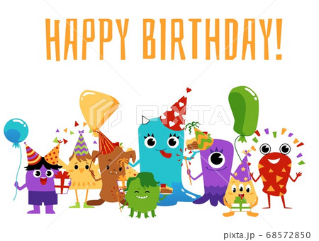 Happy Birthday Card With Colorful Cute Monster のイラスト素材