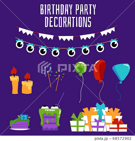 Set of birthday party decoration elements flat vector illustration isolated. 68572902