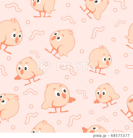 Pink chicken with worm seamless pattern. Little hen with tuft in surprise shows wing to creeping insect. 68575377