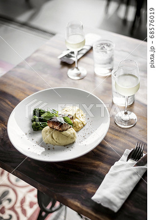 grilled salmon fish fillet with mashed potato and 68576019