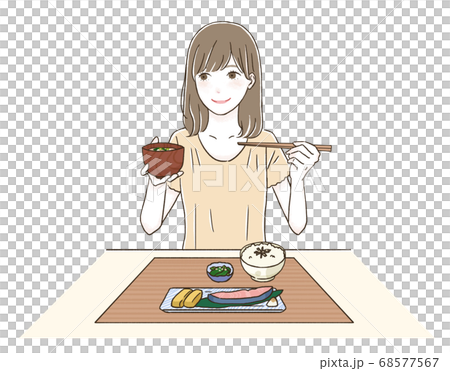 和食の朝食を食べる女性のイラスト素材