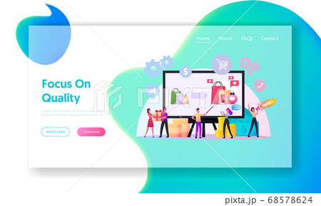 Upsell Landing Page Template. Tiny Sellers and Buyers Characters at Huge Pc. Upselling Online Marketing, Promo Gifts 68578624