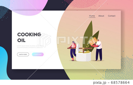 Farmers Characters Rotate Manual Press Landing Page Template. Pouring Ripe Olives for Pressing Extra Virgin Oil 68578664