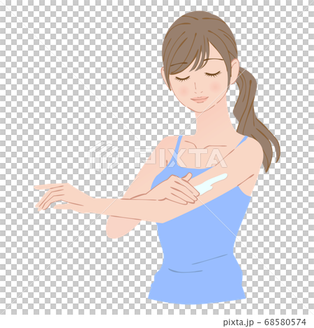 腕に日焼け止めを塗っている女性のイラスト素材