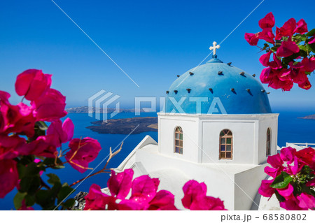 Church of the island of Santorini on the beach 68580802