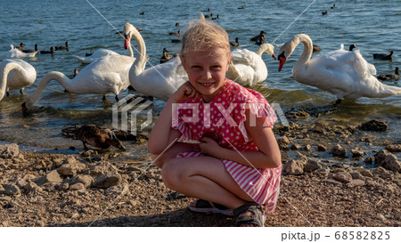 Joyful lady in a beautiful dress, an adult with a kind look on the background of swans on the lake on a summer day 68582825