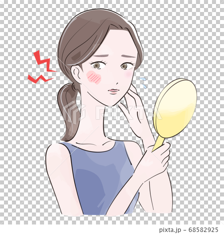 Woman suffering from rough skin with a hand mirror Woman suffering from rough skin with a hand mirror 68582925