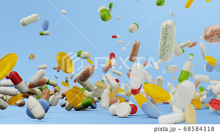 Many different colored tablets, capsules on blue background. Health care concept. Antibiotics inside pills, vitamins. Goods from the pharmacy. Pharmaceutical company, industry, 3d illustration Many different colored tablets, capsules on blue background. Health care concept. Antibiotics inside pills, vitamins. Goods from the pharmacy. Pharmaceutical company, industry, 3d illustration 68584318