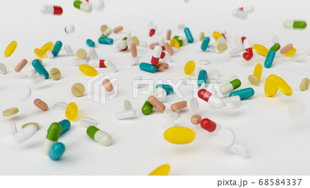 Many different colored tablets, capsules isolate on white background. Health care concept. Antibiotics inside pills, vitamins. Goods from pharmacy. Pharmaceutical company, industry, 3d illustration 68584337