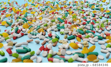 Many different colored tablets, capsules on blue background. Health care concept. Antibiotics inside pills, vitamins. Goods from the pharmacy. Pharmaceutical company, industry, 3d illustration 68584346