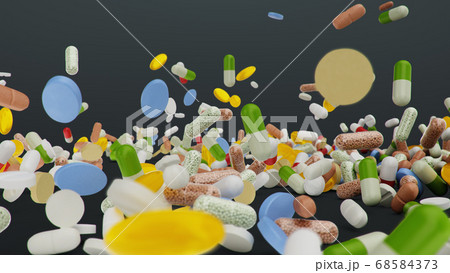 Falling different colored tablets, capsules on black background. Health care concept. Antibiotics inside pills, vitamins. Product from pharmacy. Pharmaceutical company, industry, 3d illustration Falling different colored tablets, capsules on black background. Health care concept. Antibiotics inside pills, vitamins. Product from pharmacy. Pharmaceutical company, industry, 3d illustration 68584373