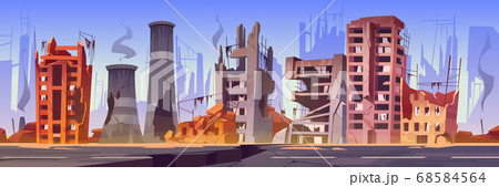 Destroyed buildings on city street after war 68584564