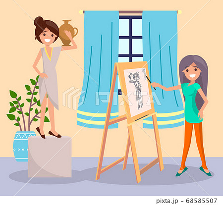 Artist drawing portrait young greek girl with vase, leisure time during quarantine isolation 68585507