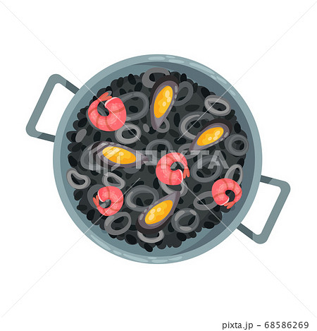 Black Paella with Seafood as Spanish Cuisine Dish Served on Plate Vector Illustration 68586269