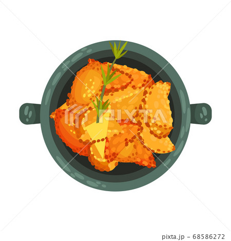 Stuffed Pastry or Dumplings Garnished with Herb as Spanish Cuisine Dish Served in Bowl Vector Illustration 68586272