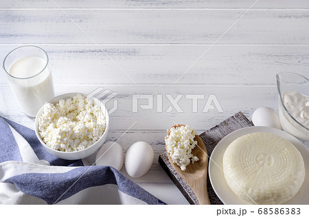 glass of milk, eggs, a plate of cottage cheese, glass of milk, eggs, a plate of cottage cheese, 68586383