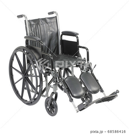 Wheelchair with Padded Arms and Elevating Leg Rest Isolated on White Background. Side View of Black Wheelchair. Medical Equipment. Transport Chair 68586416