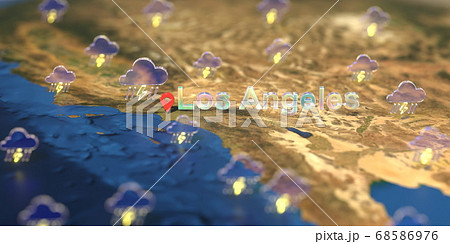 Stormy weather icons near Los Angeles city on the map, weather forecast related 3D rendering 68586976