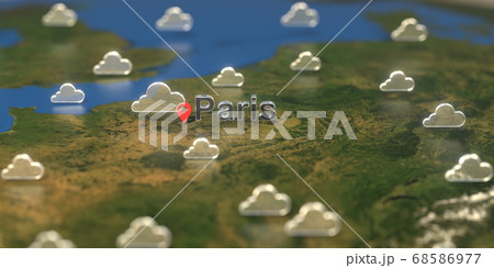 Cloudy weather icons near Paris city on the map, weather forecast related 3D rendering 68586977