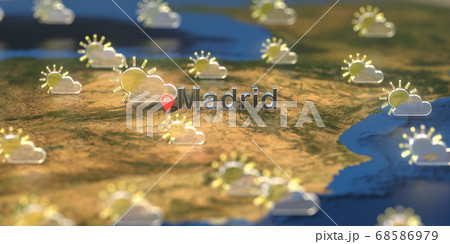 Partly cloudy weather icons near Madrid city on the map, weather forecast related 3D rendering 68586979